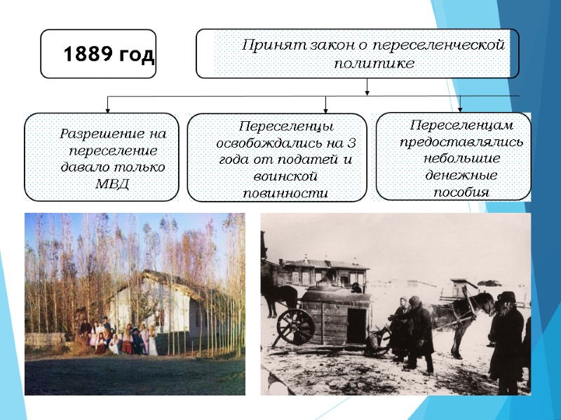 1889 год Принят закон о переселенческой политике Разрешение на переселение давало только МВД Переселенцы